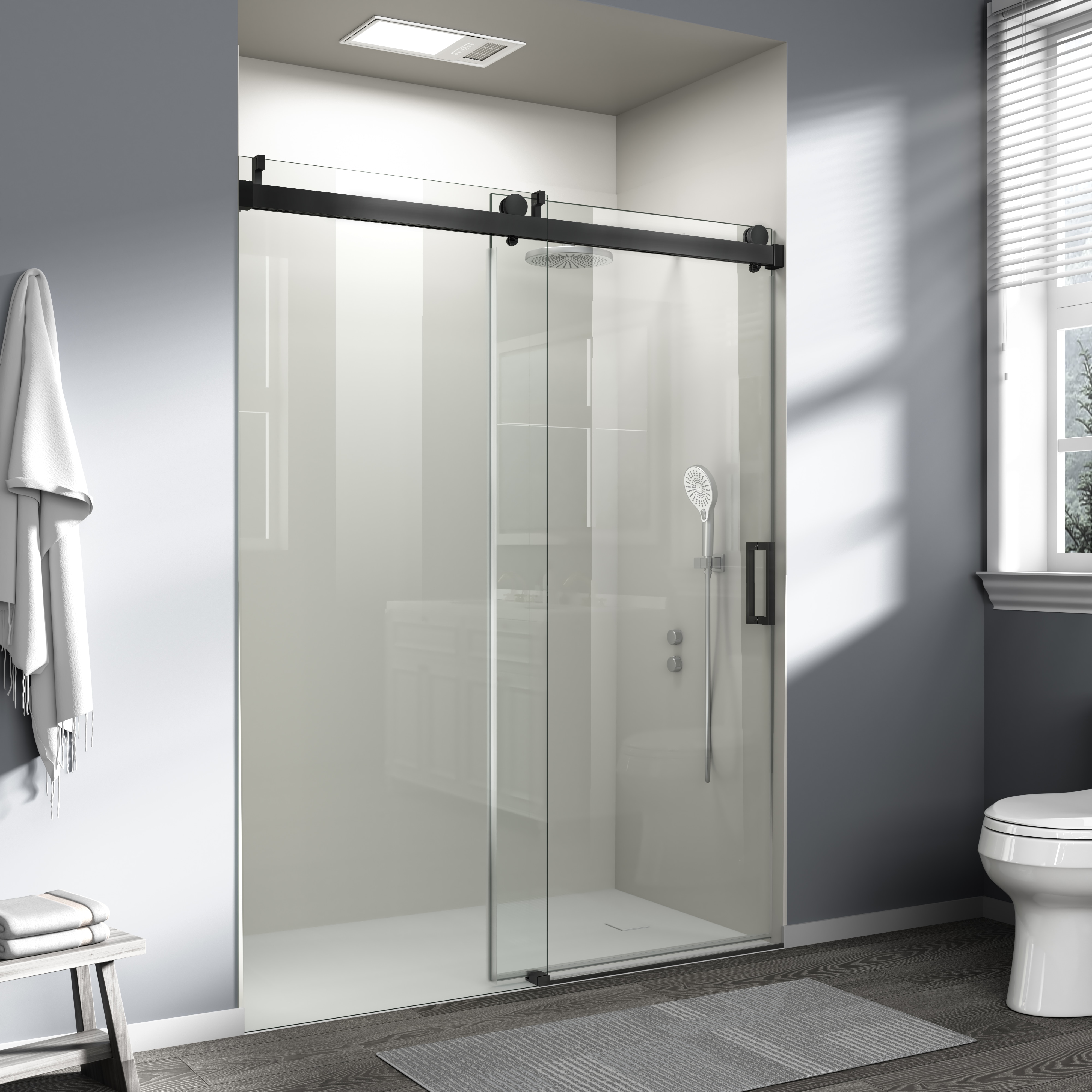 Frameless Single Sliding Shower Door Matte Black Tempered Glass_voghion.com